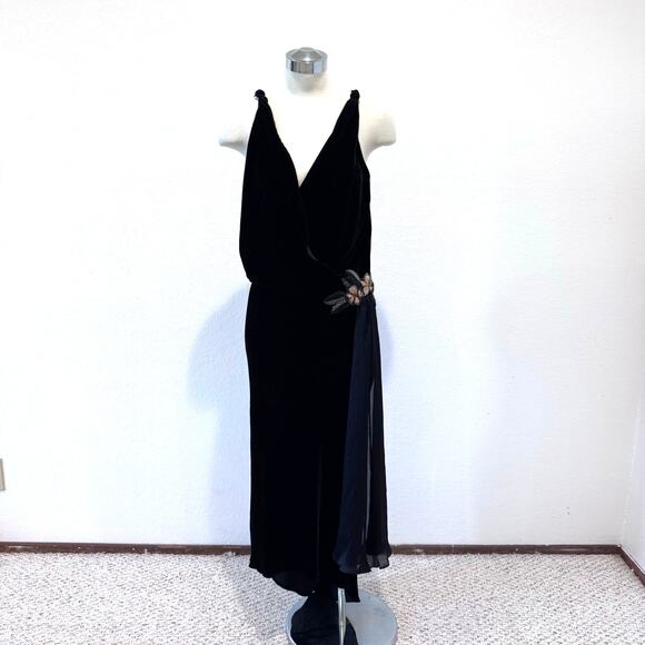 Tracy Reese Vintage Y2K Velvet Black Dress Floral Embellishment Sash Size 8 - Picture 1 of 8